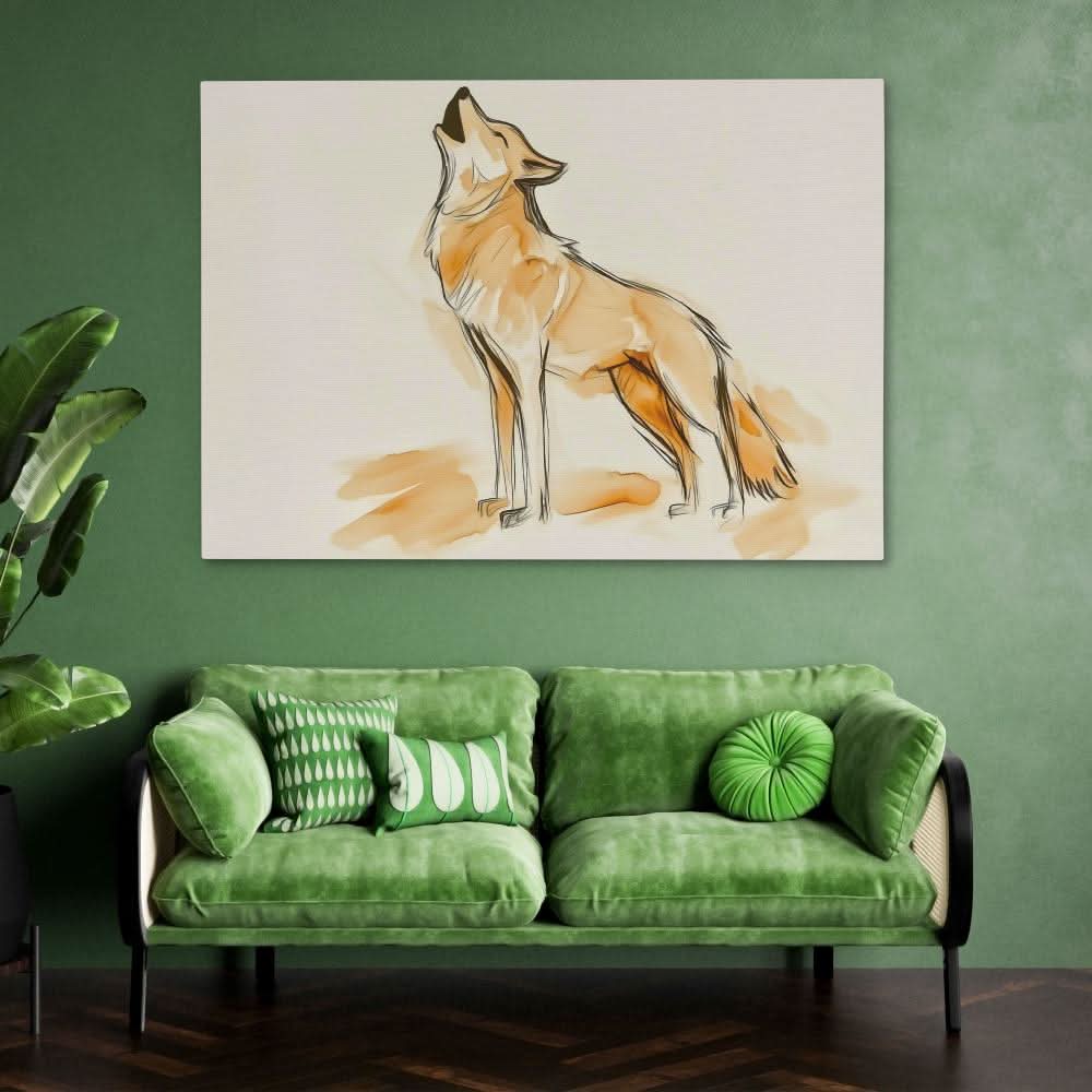 Howling Beige Wolf - Line Art Wall Art in Black Frame