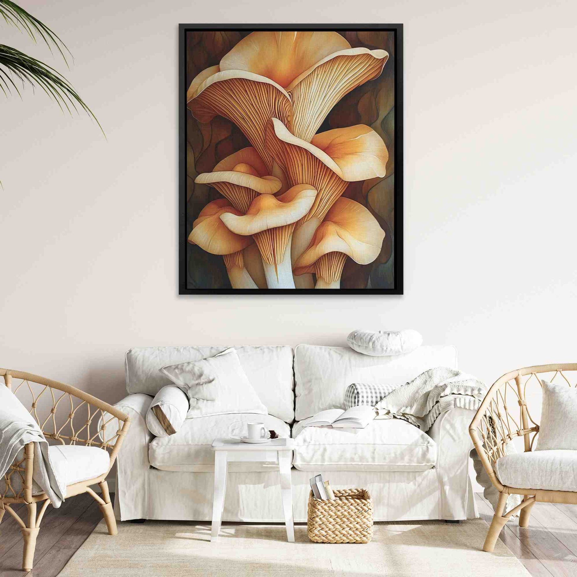 Huge Mushrooms - Tan Wall Art in Black Frame
