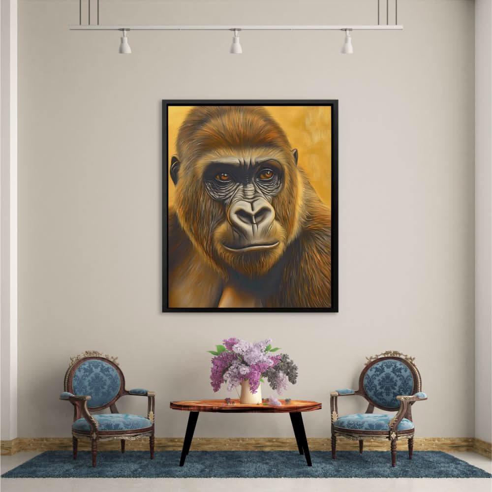 Humble Gold Ape - Gorilla Wall Art in Black Frame