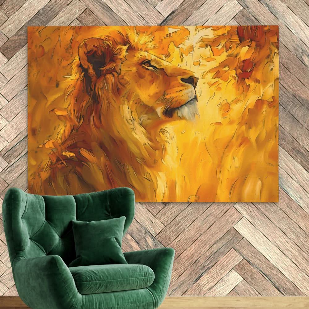 Humble Gold Lion - Big Cat Wall Art in Black Frame