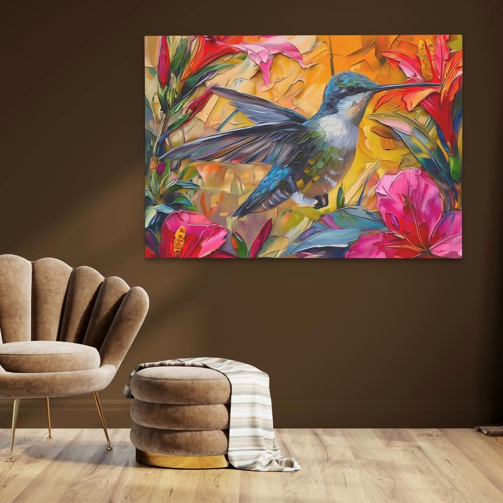 Hummingbird Feeding - Colorful Floral Canvas Print