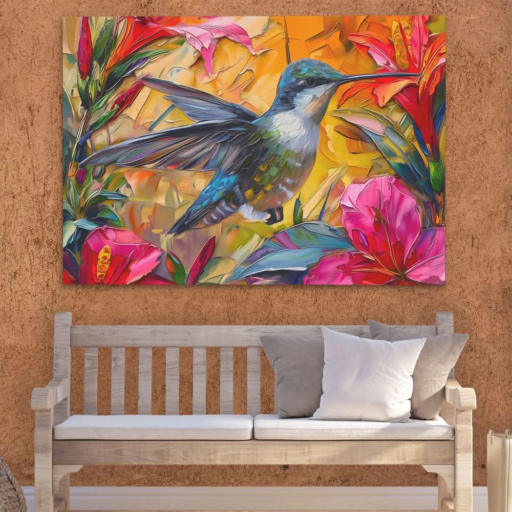 Hummingbird Feeding - Floral Wall Art in Black Frame