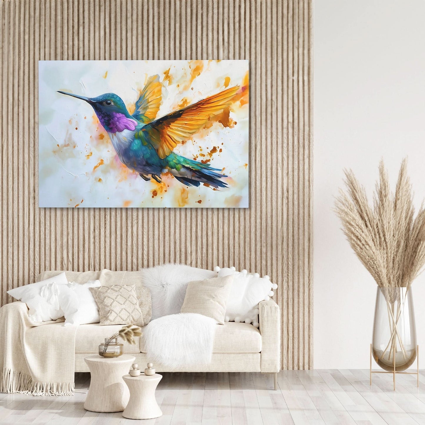 Hummingbird Fluttering - Gold Canvas Wall Art
