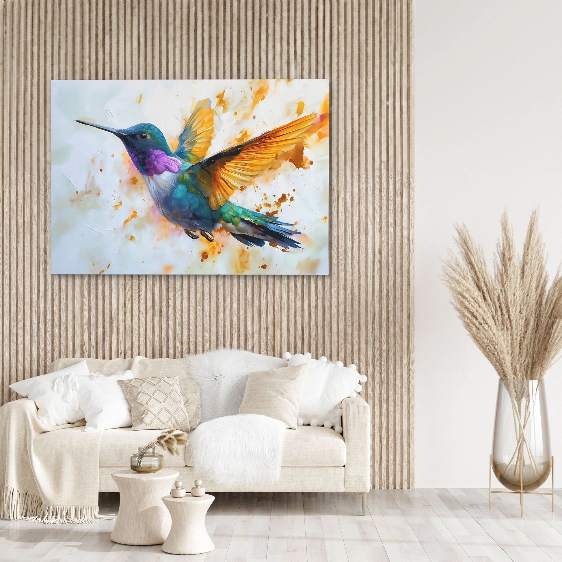 Hummingbird Fluttering - Gold Canvas Wall Art