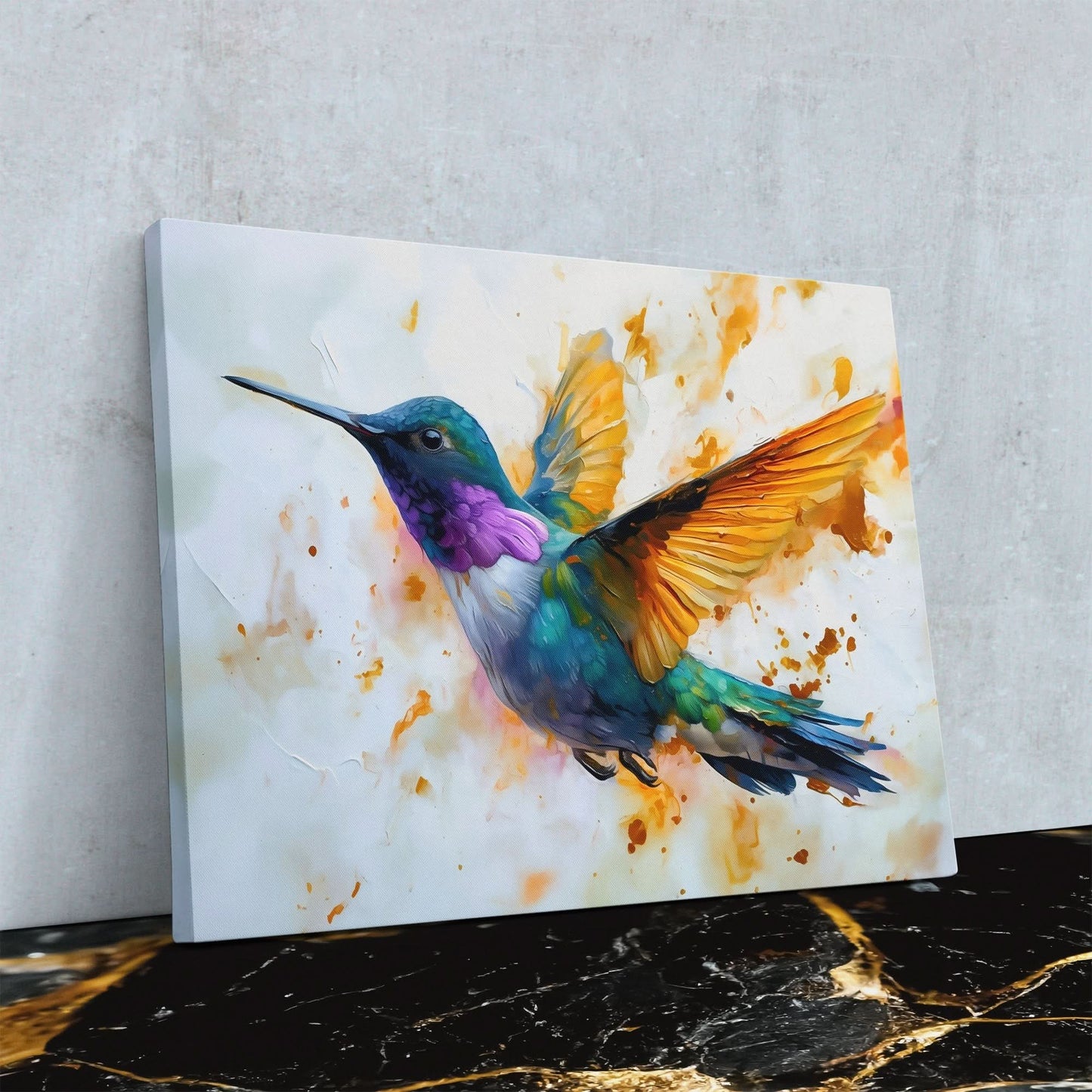 Hummingbird Fluttering - Gold Bird Canvas Print