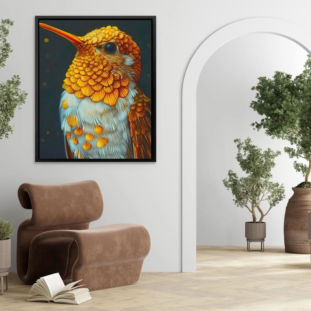 Hummingbird Gold - Bird Wall Art in Black Frame