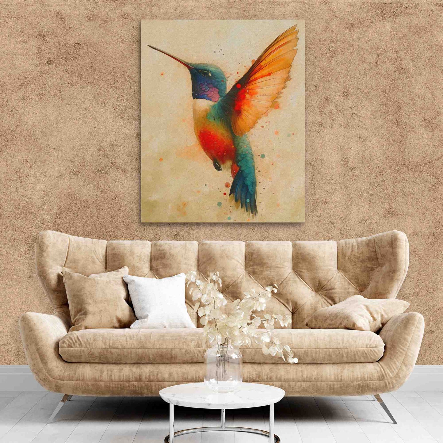 Hummingbird Watercolor - Beige Canvas Wall Art