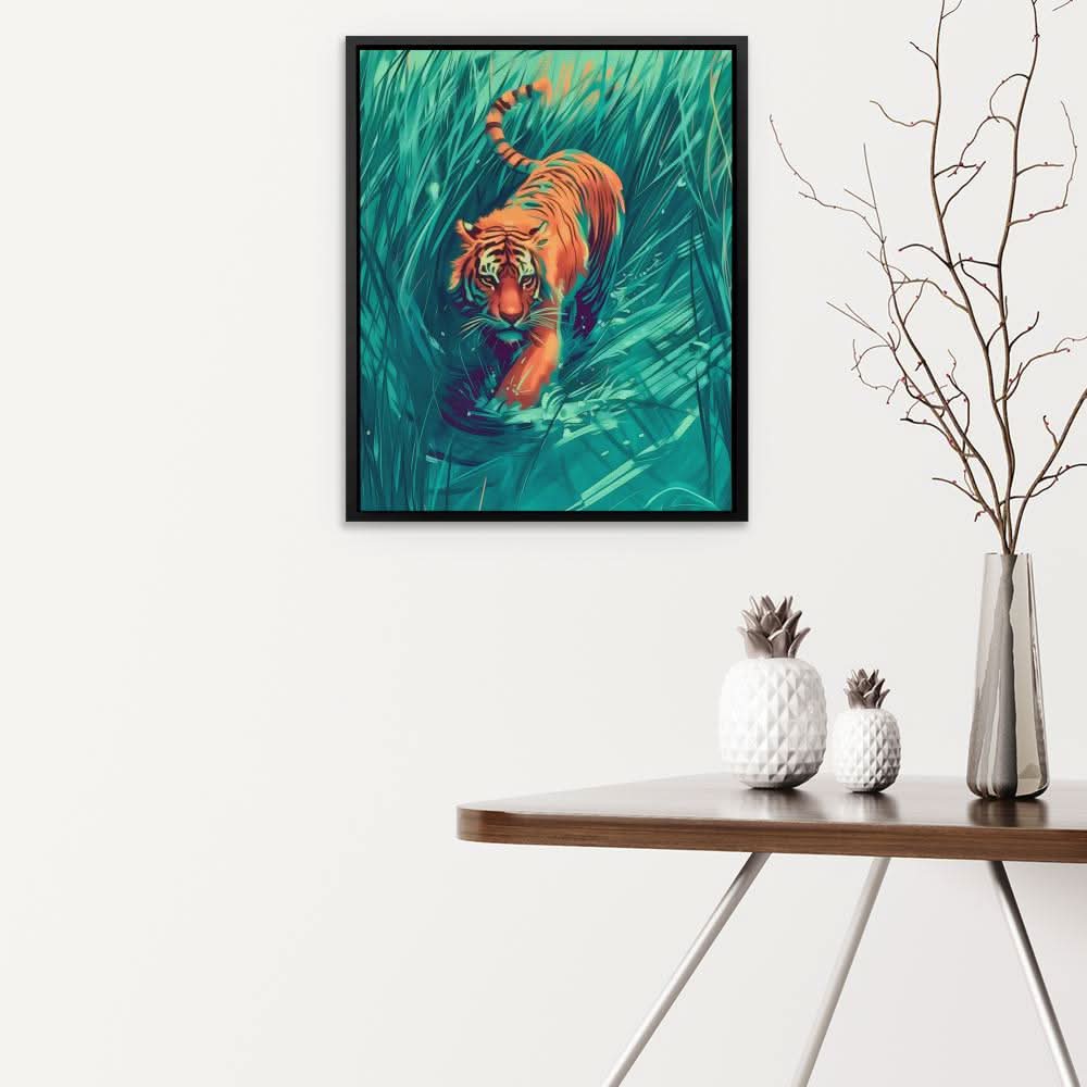 Hunting Green Tiger - Big Cat Wall Art in Black Frame