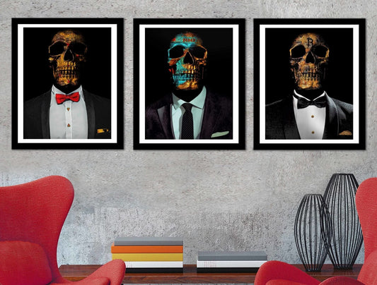 Hustler Skulls 3 Piece Semi-gloss Print Set - Wall Art in Black Frame