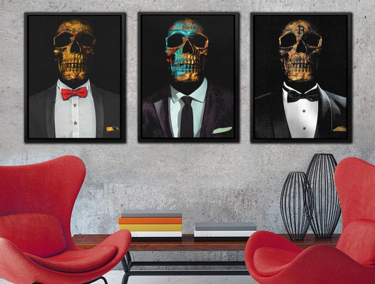 Hustler Skulls 3 Piece Set - Wall Art in Black Frame