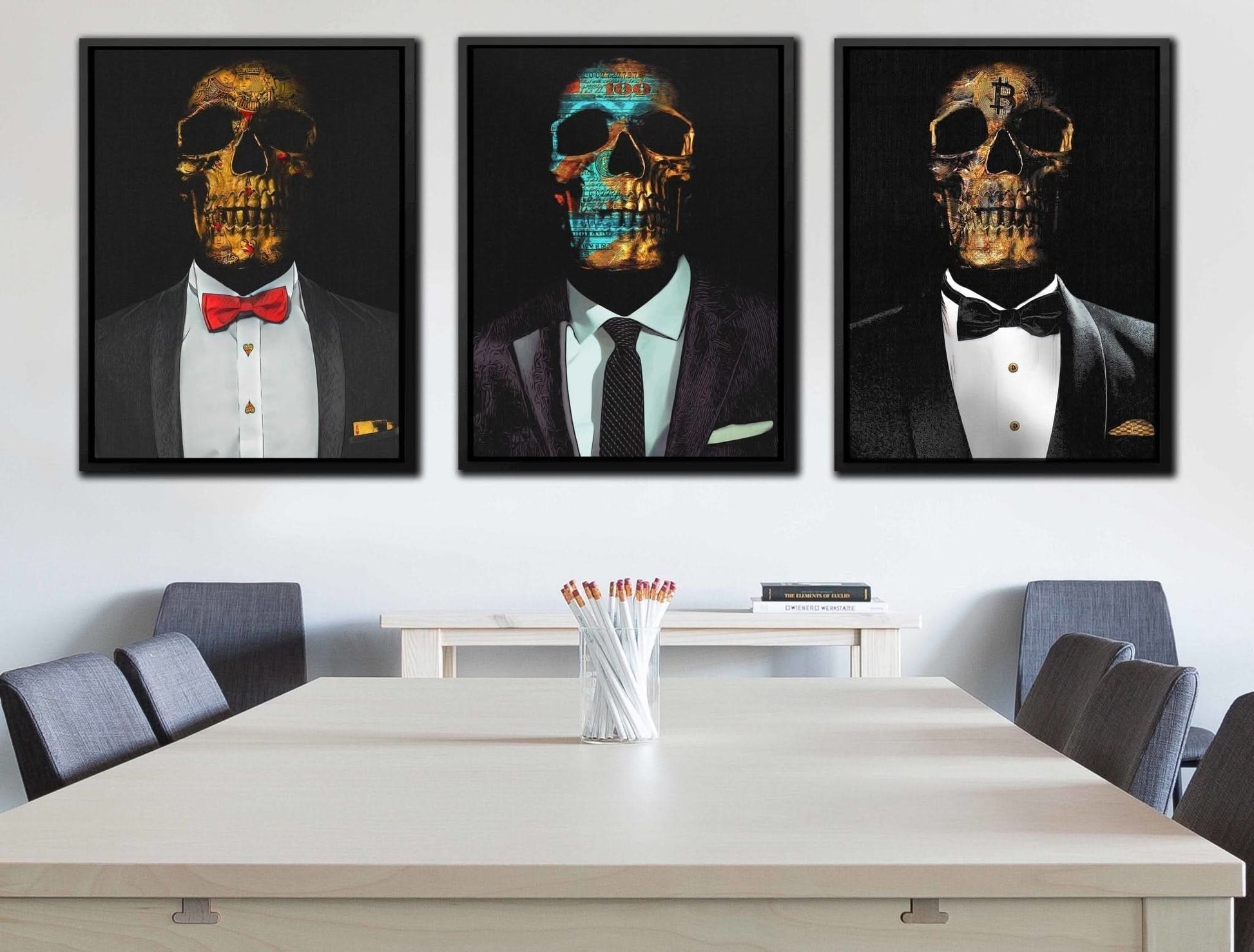 Hustler Skulls 3 Piece Set - Entrepreneur Wall Art in Black Frame