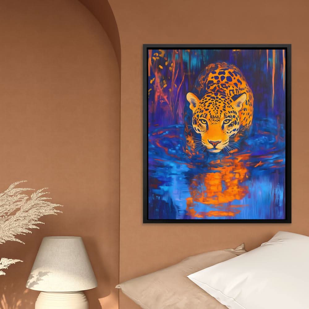 Jaguar at Midnight Stream - Modern Wall Art in Black Frame