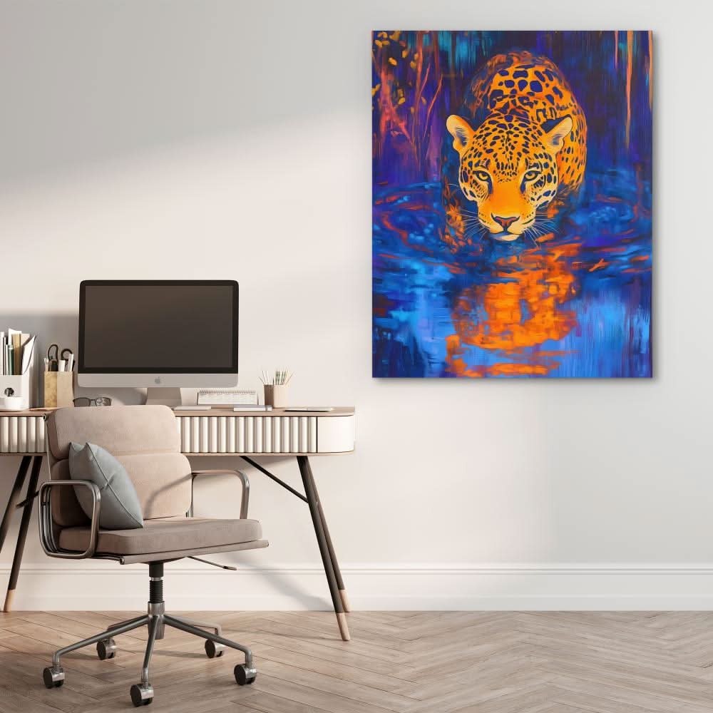 Jaguar at Midnight Stream - Large Modern Canvas Print