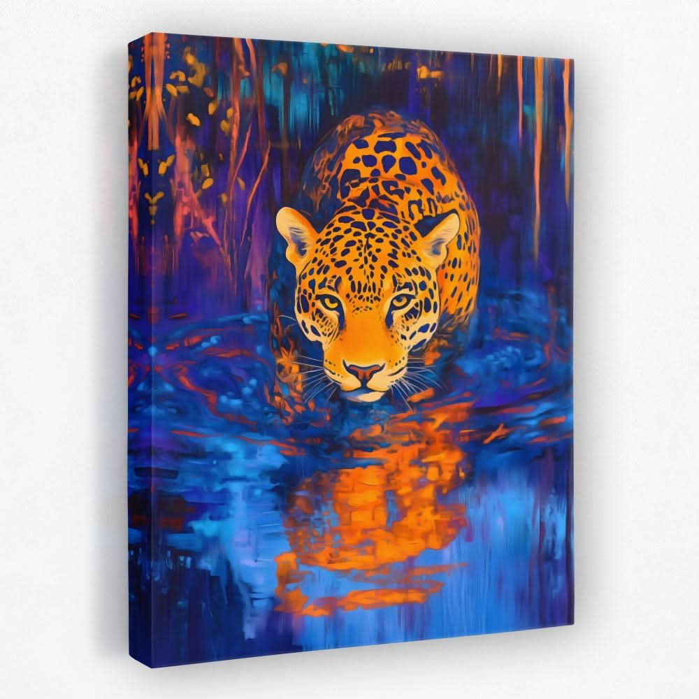 Jaguar at Midnight Stream - Animals Canvas Wall Art