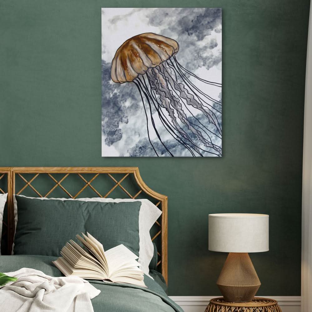 Jellyfish in Ocean Waves - Brown Wall Art for Home Office