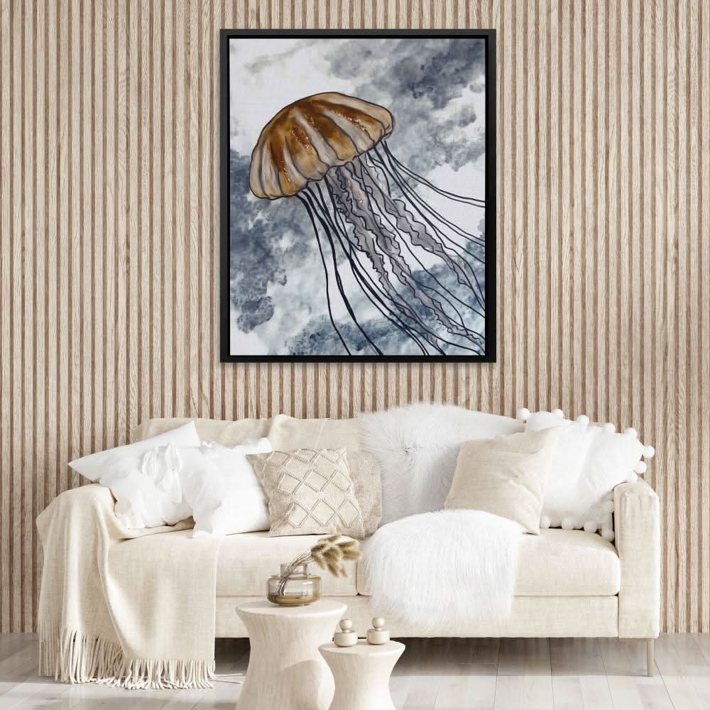 Jellyfish in Ocean Waves - Brown Coastal Canvas Print
