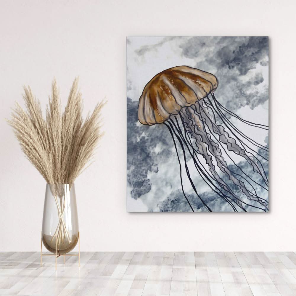 Jellyfish in Ocean Waves - Beach Art for Bathroom