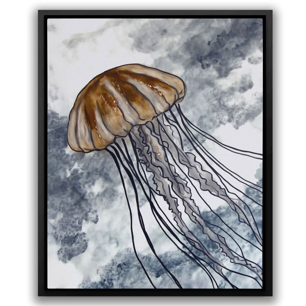 Jellyfish in Ocean Waves - Abstract Brown Canvas Wall Art