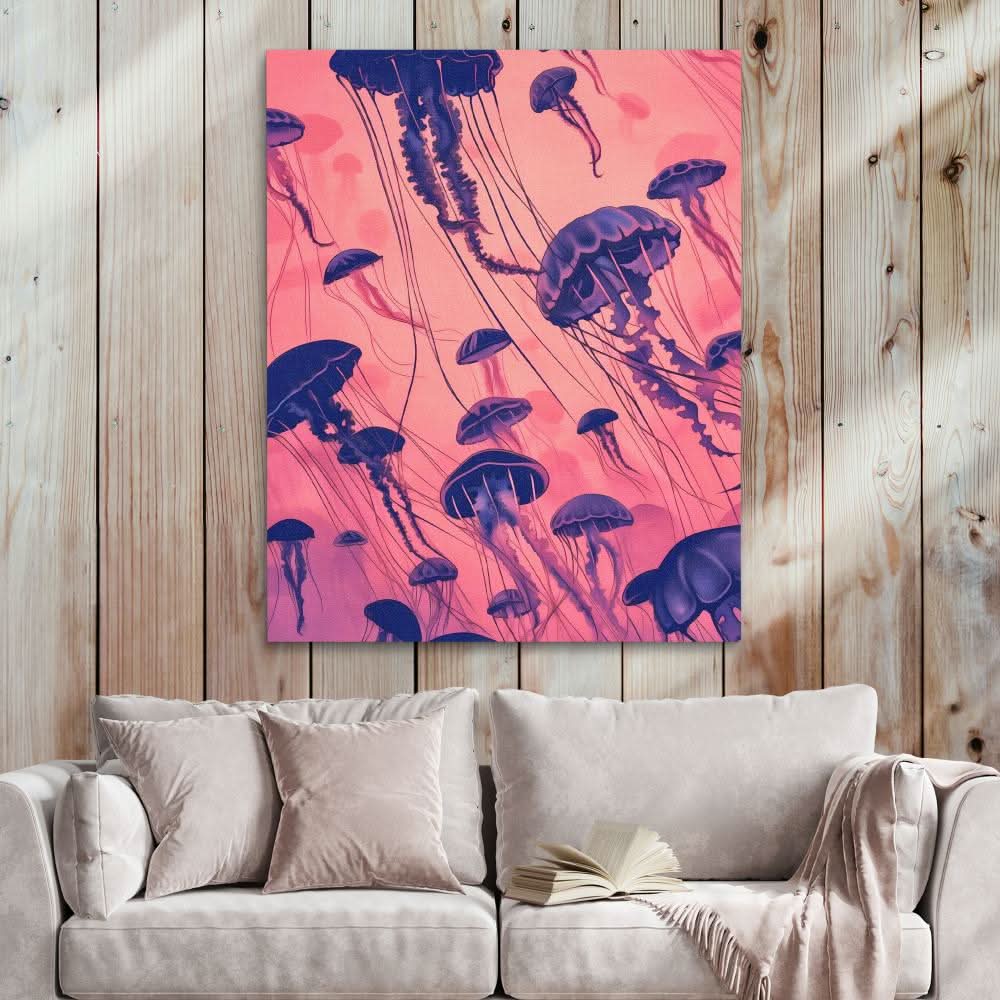 Jellyfish School - Coastal Wall Art in Black Frame