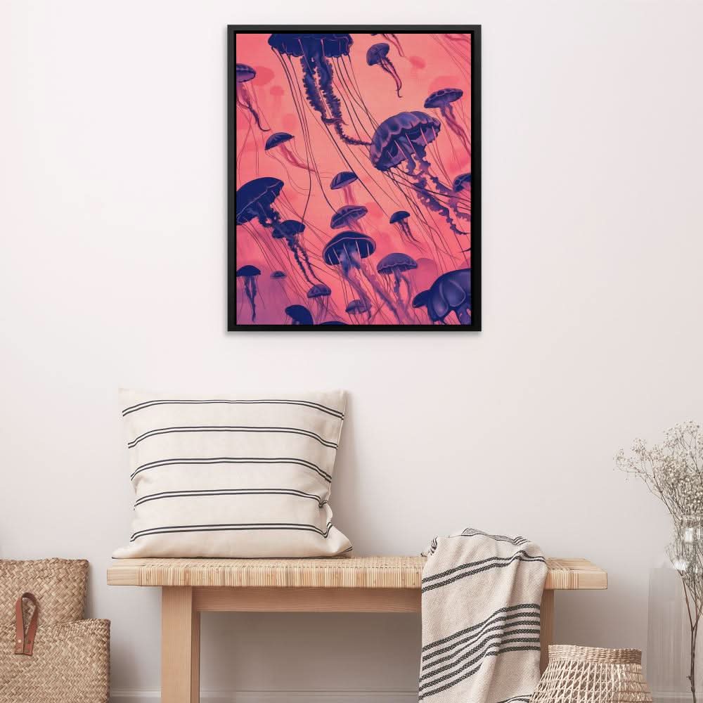 Jellyfish School - Surrealism Pink Canvas Wall Art
