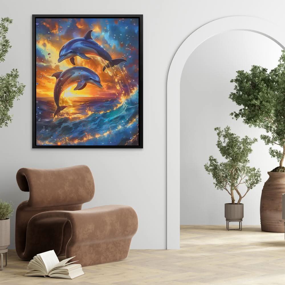 Jumping Dolphin Sunset - Blue Wall Art for Hallway
