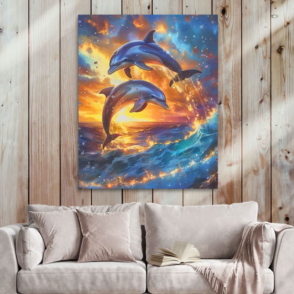 Jumping Dolphin Sunset - Abstract Wall Art in Black Frame