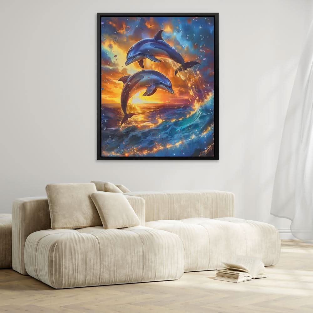Jumping Dolphin Sunset - Abstract Blue Canvas Wall Art
