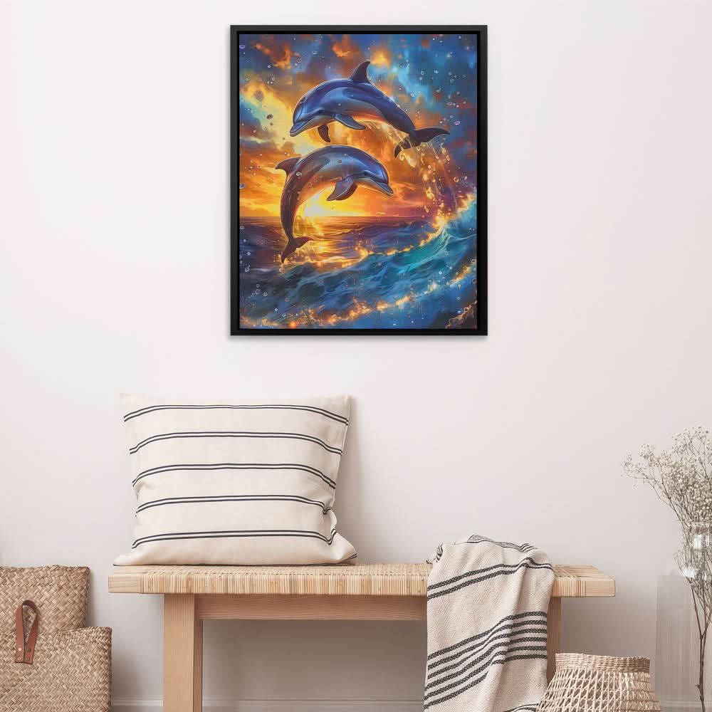 Jumping Dolphin Sunset - Dolphin Wall Art in Black Frame