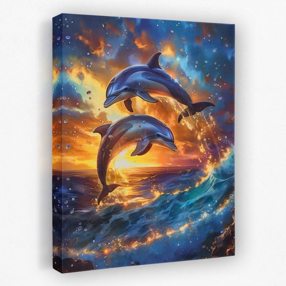Jumping Dolphin Sunset - Coastal Canvas Wall Art