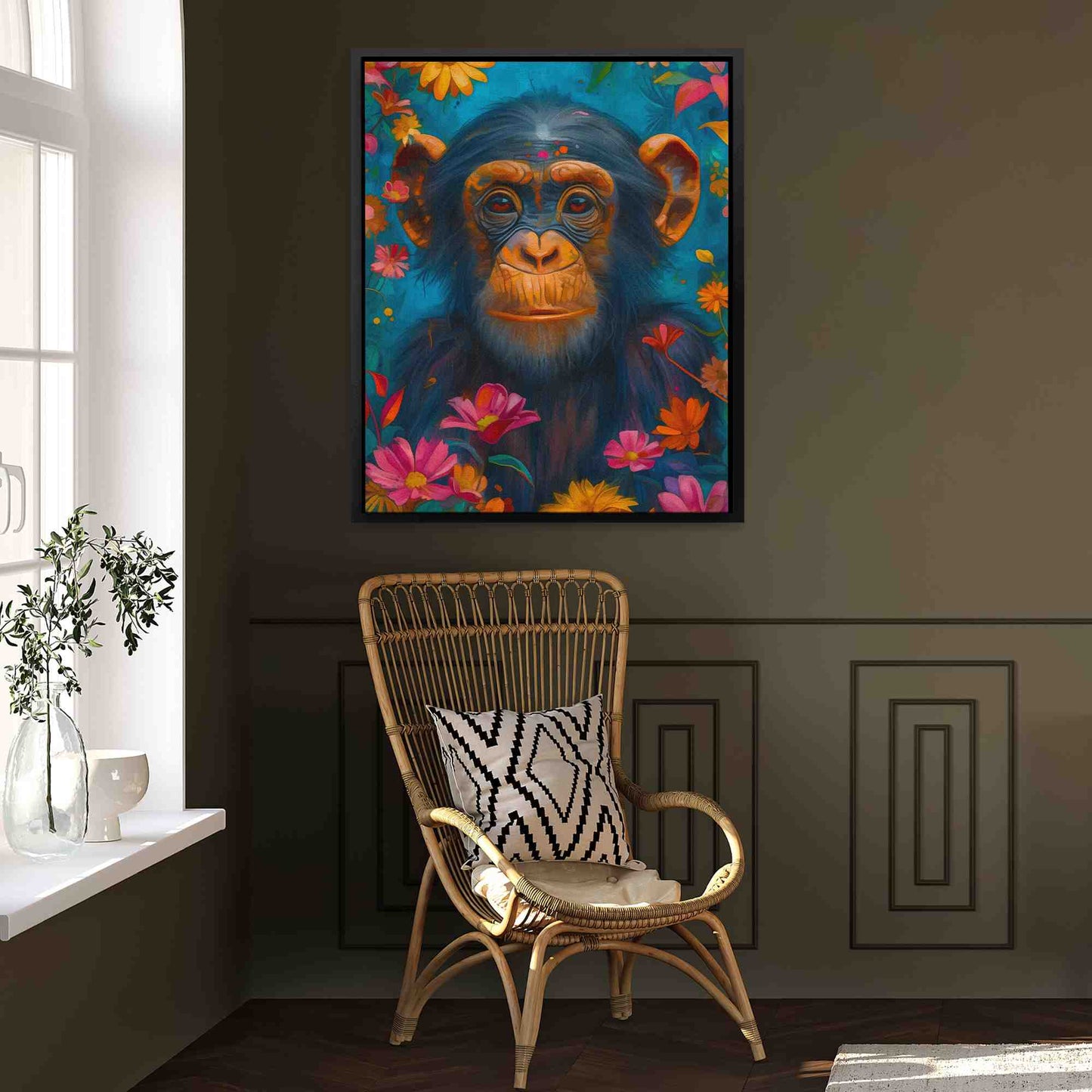 Jungle Chimp - Blue Floral Canvas Print