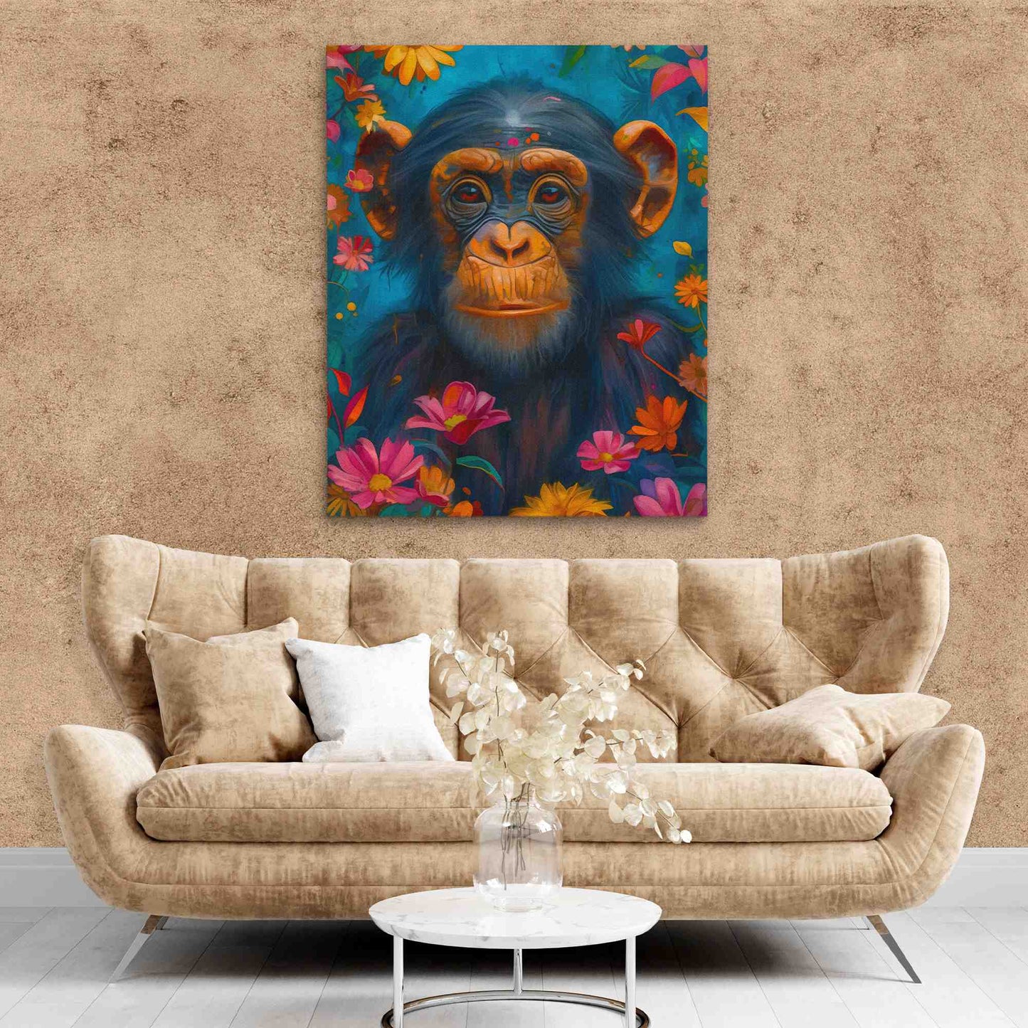 Jungle Chimp - Floral Wall Art in Black Frame