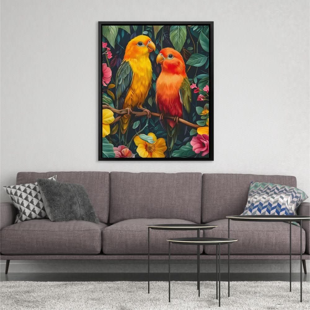 Jungle Lovebirds - Wall Art in Black Frame