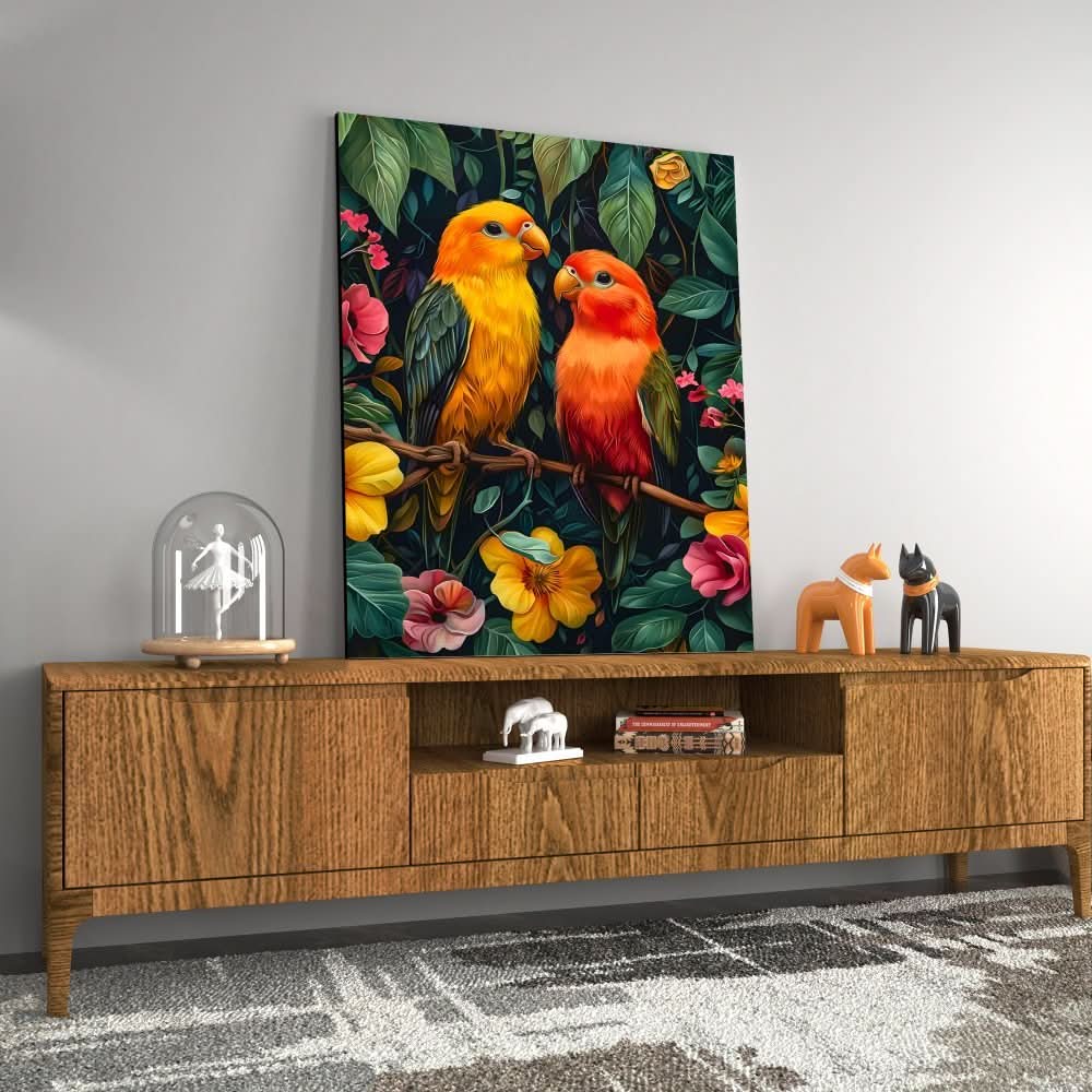 Jungle Lovebirds - Bird Wall Art in Black Frame