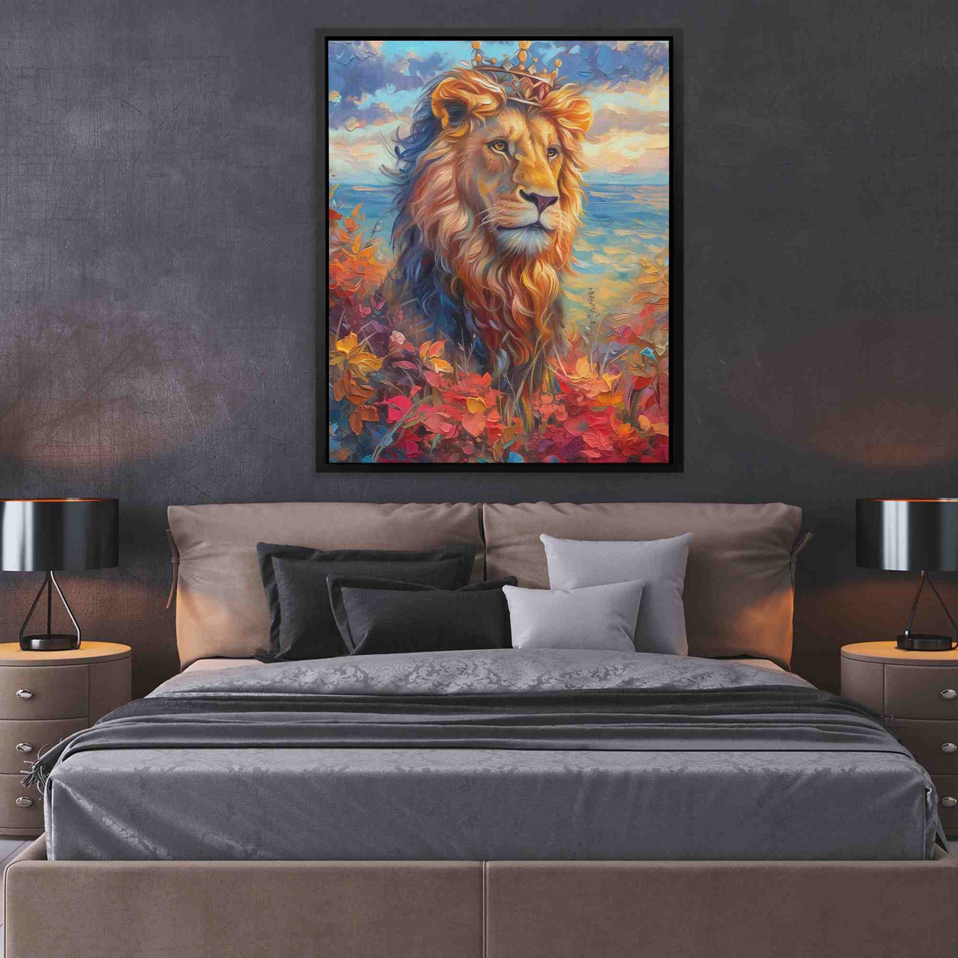 King of the Lions - Big Cat Wall Art in Black Frame