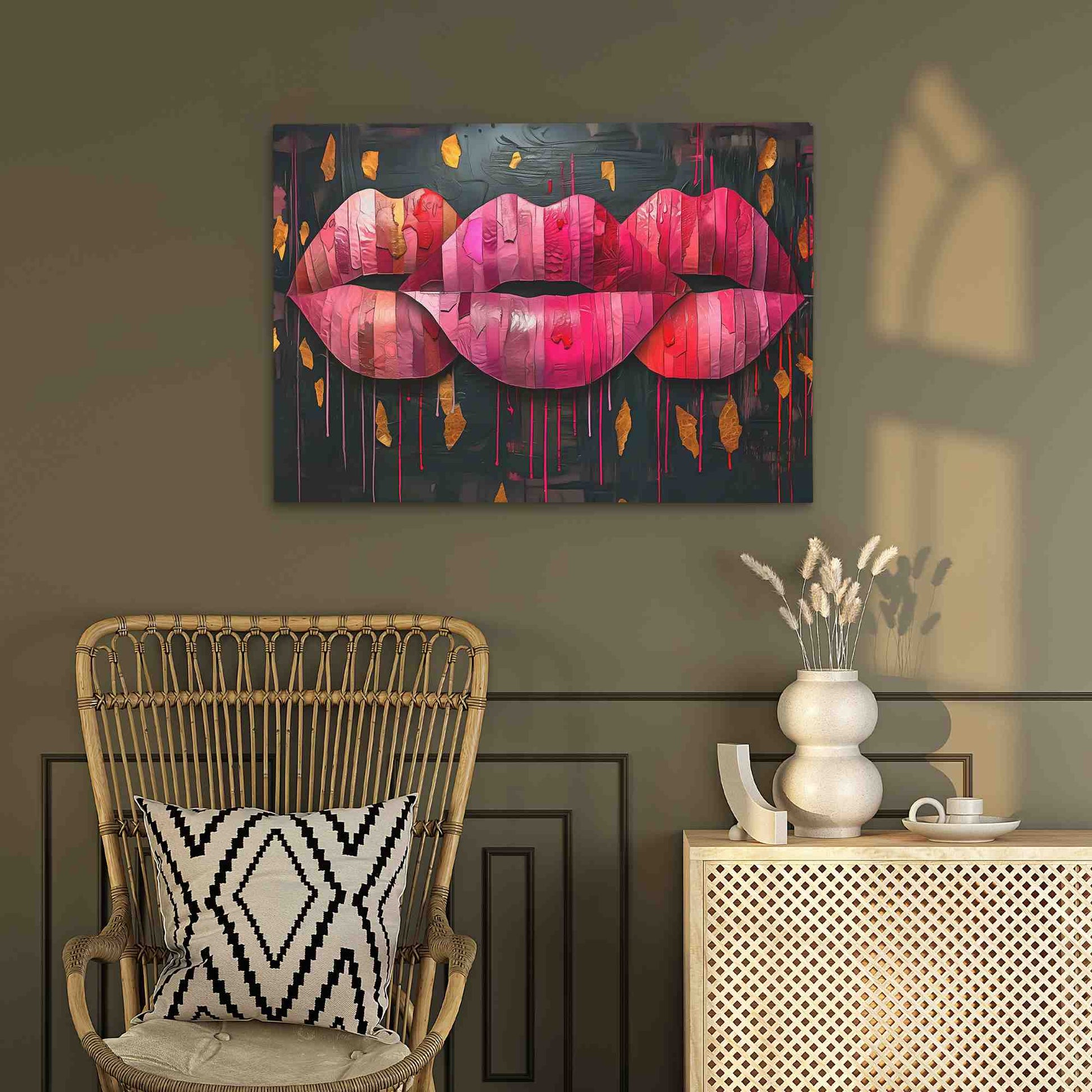 Kissing Lips - Abstract Wall Art in Black Frame
