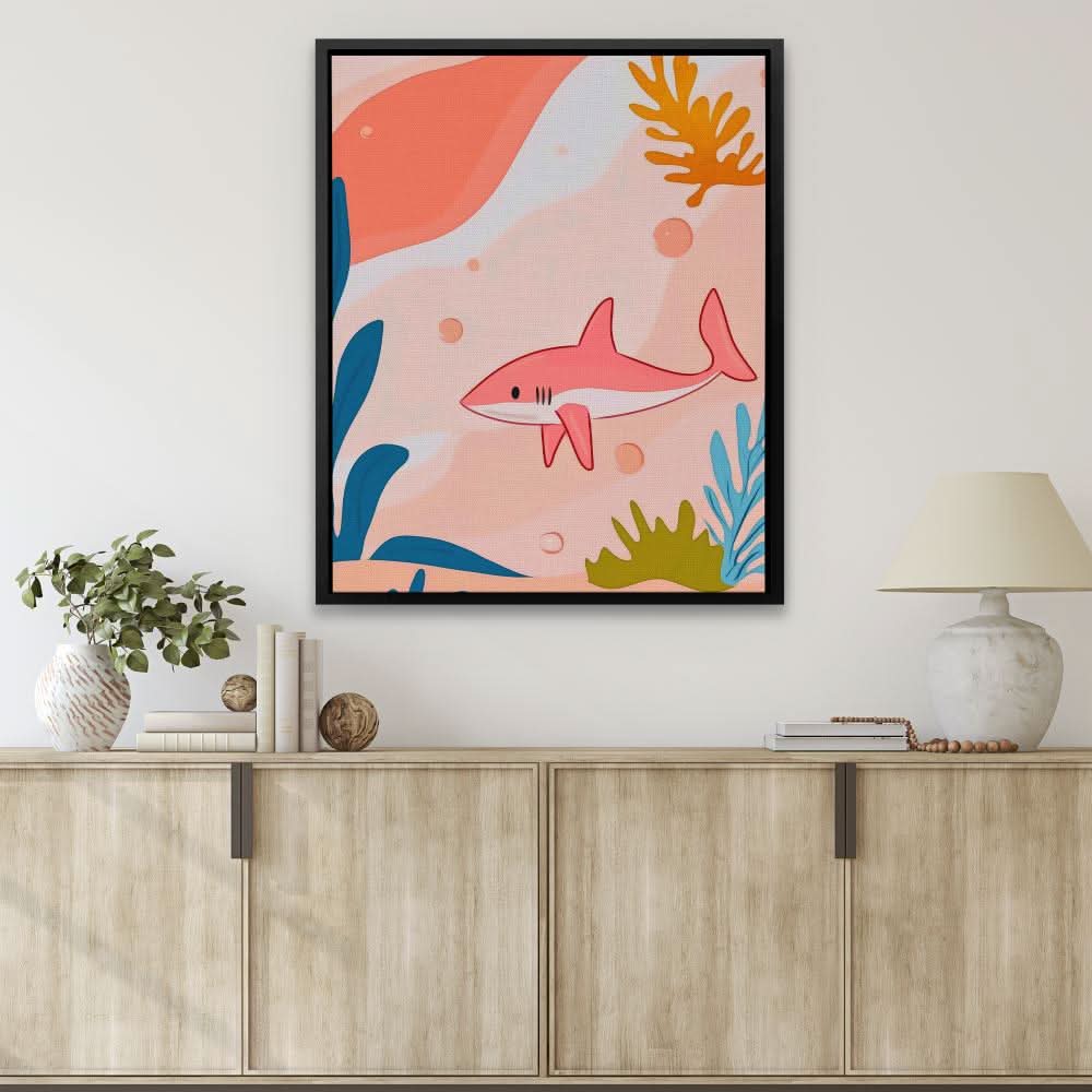 Large Pink Shark - Beach House Wall Art in Black Frame