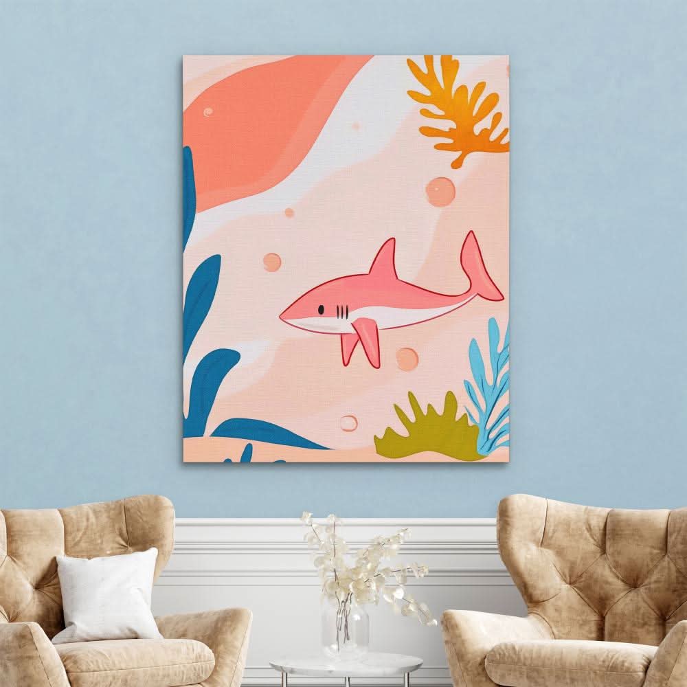 Large Pink Shark - Pastel Beach House Canvas Print