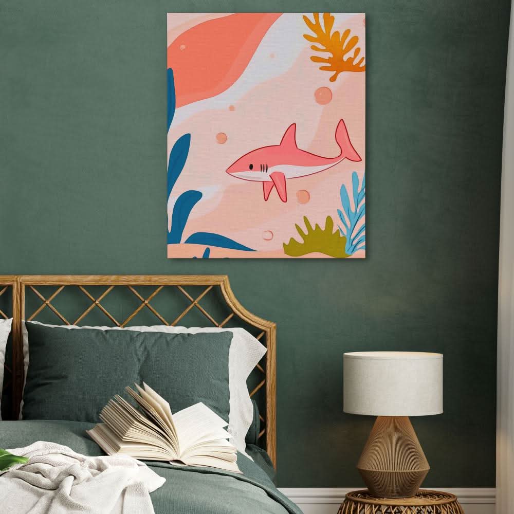 Large Pink Shark - Contemporary Wall Art in Black Frame