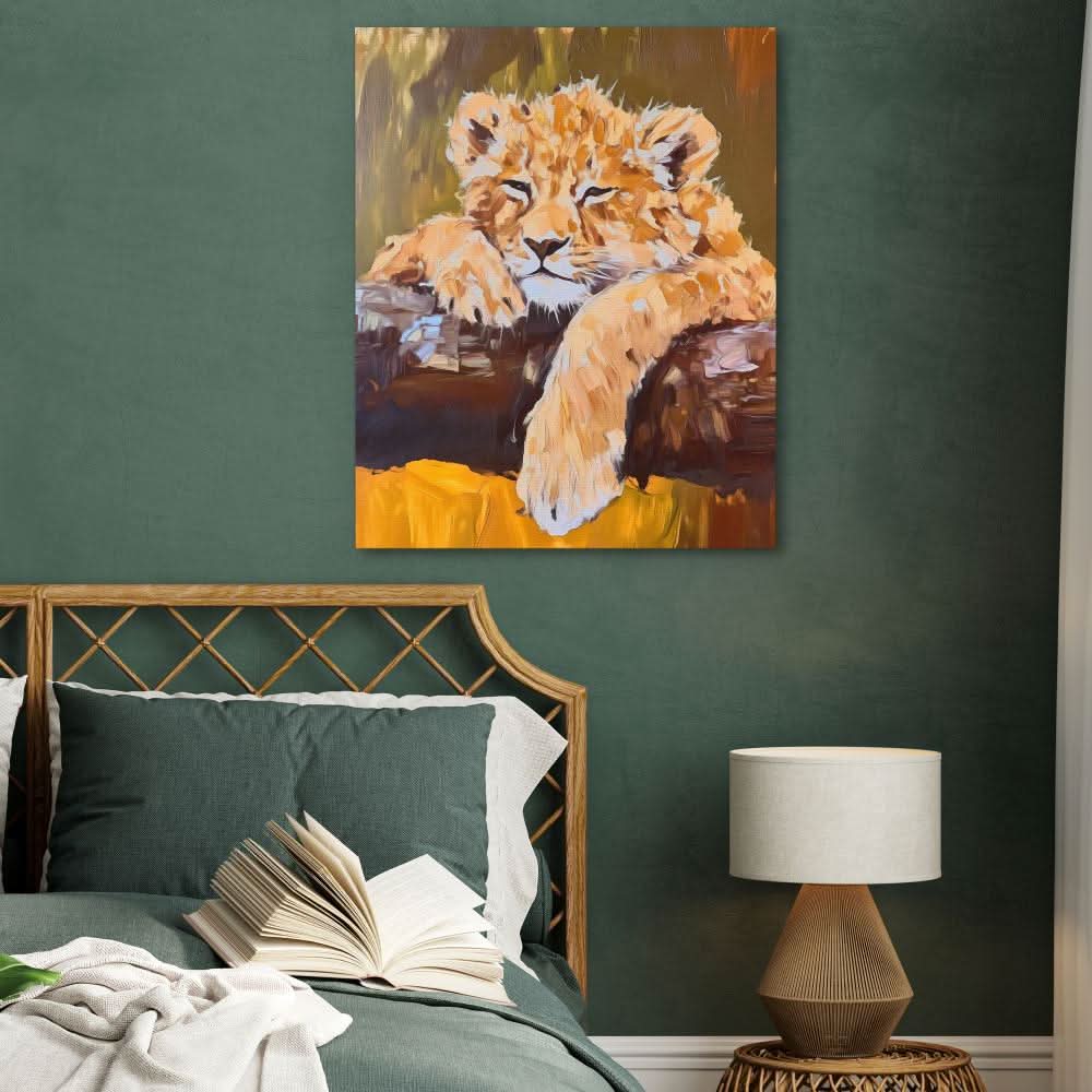 Lazy Lion Cub - Contemporary Wall Art in Black Frame