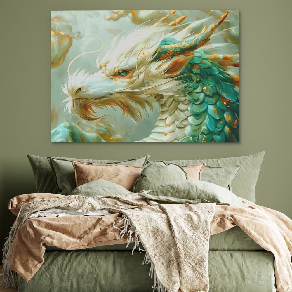 Legendary Dragon - Green and Gold Wall Art in Black Frame