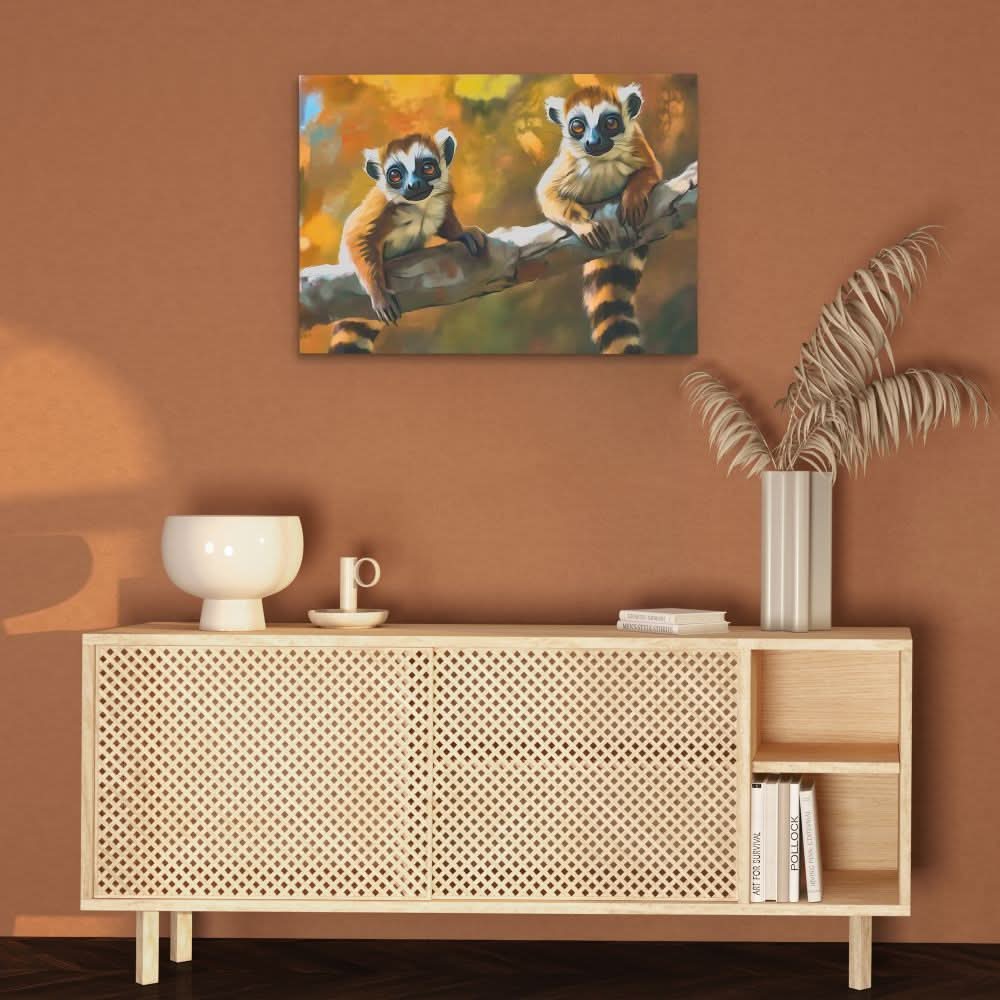 Lemurs in a Tree - Contemporary Wall Art in Black Frame