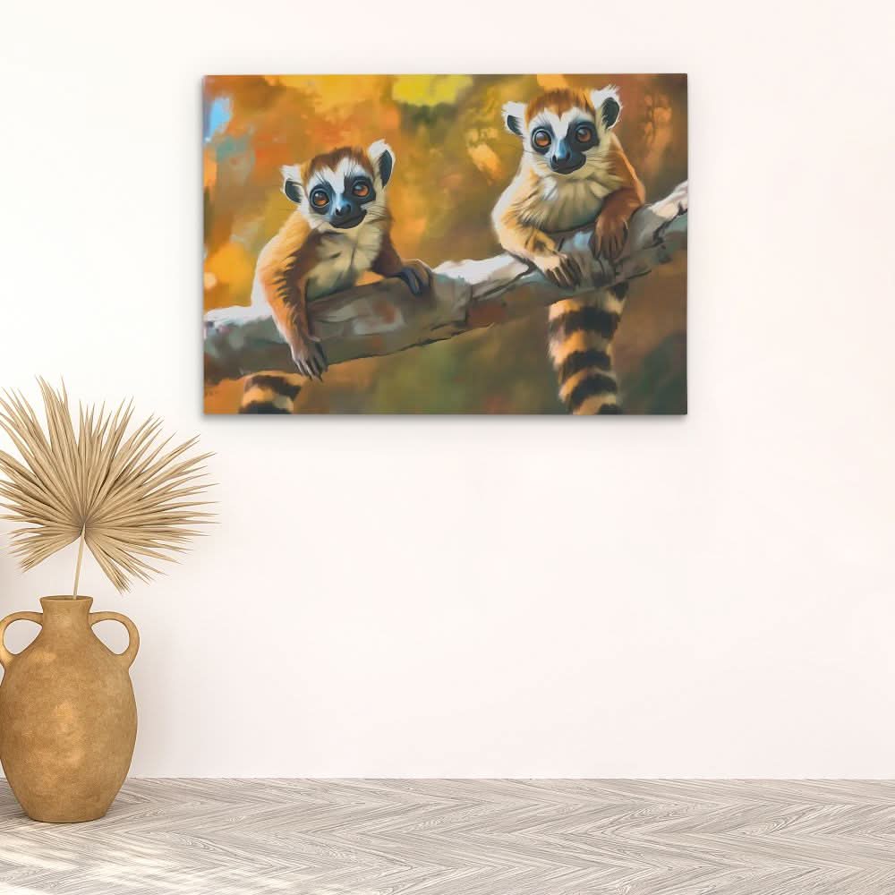 Lemurs in a Tree - Brown Wall Art for Living Room