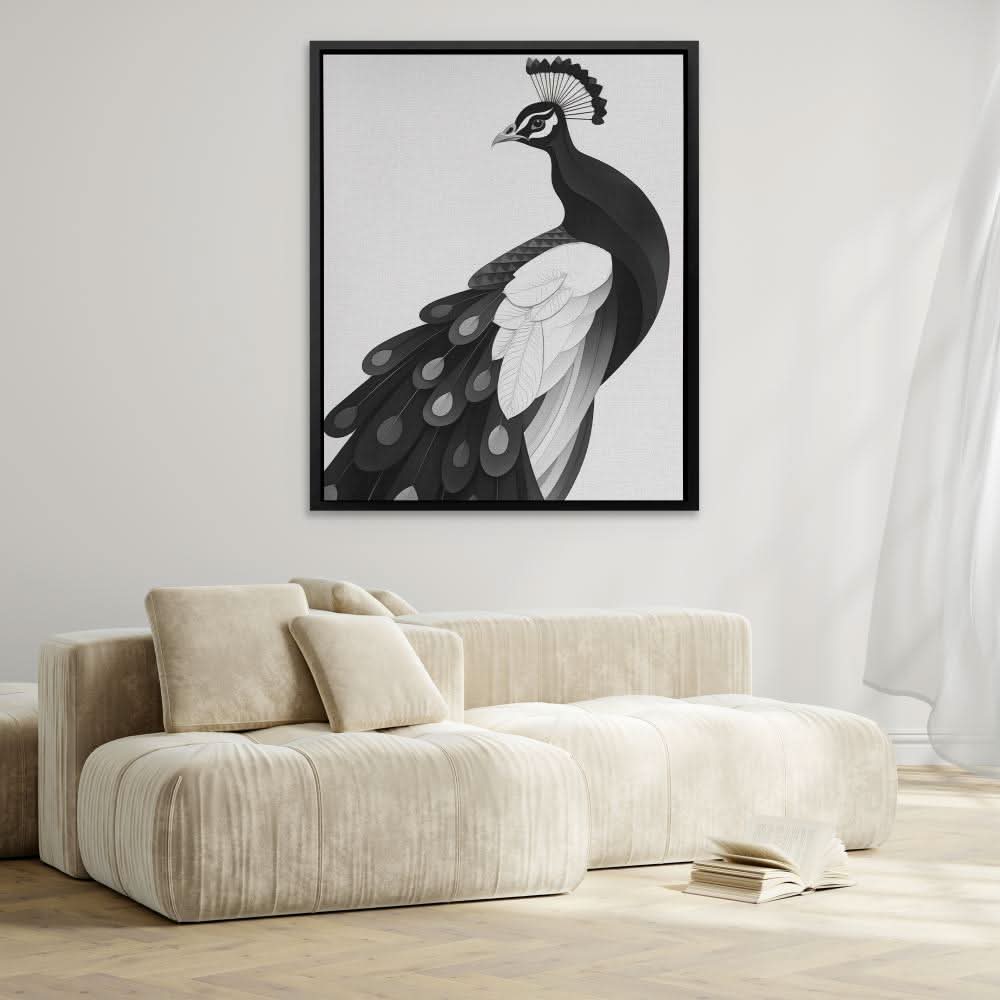 Light Peacock - Black and White Wall Art in Black Frame