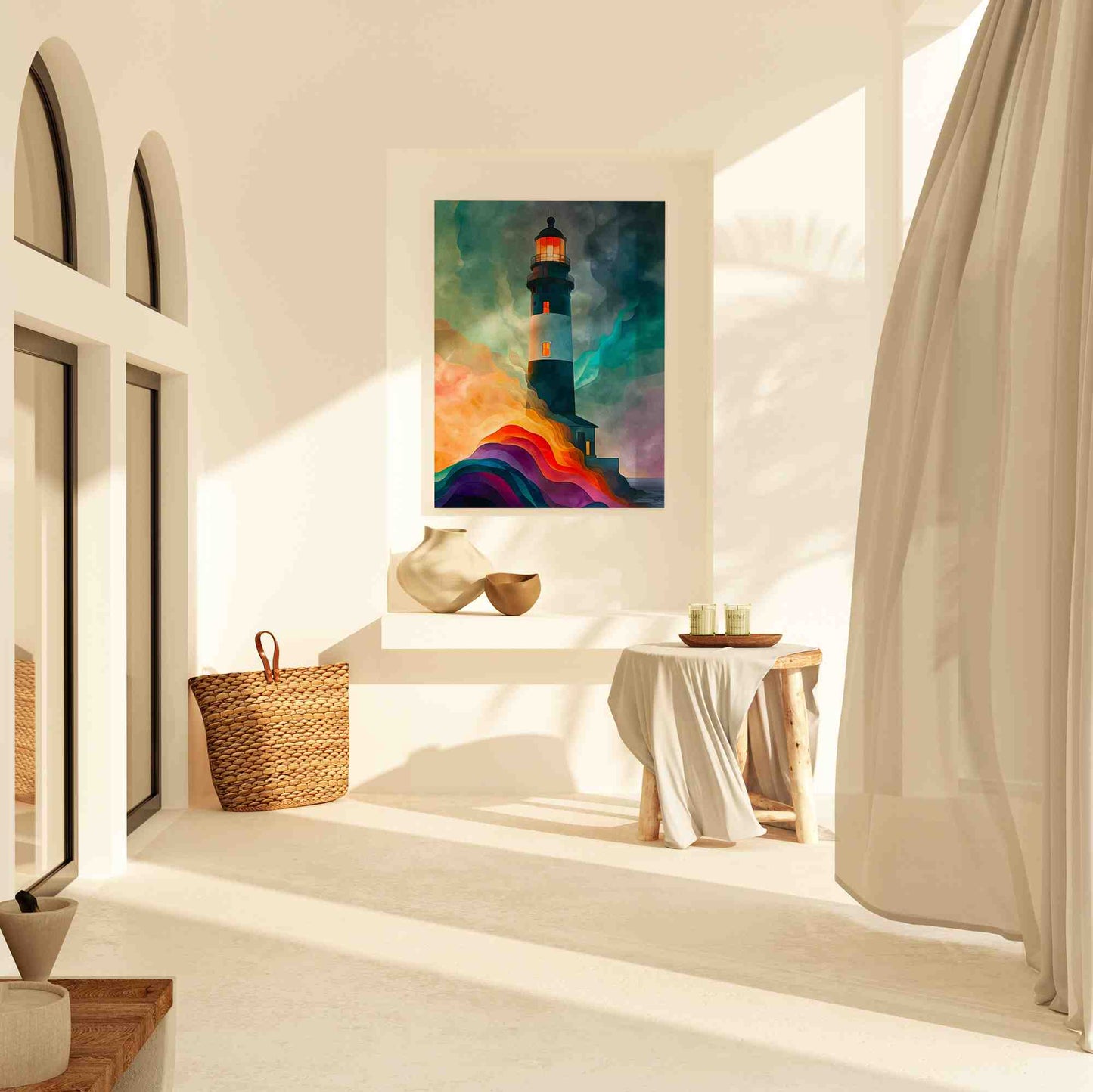 Lighthouse Radiance - Surrealism Wall Art in Black Frame