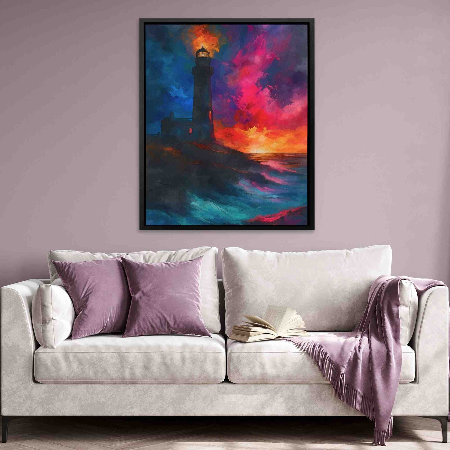 Lighthouse Sunset - Pink Wall Art for Living Room