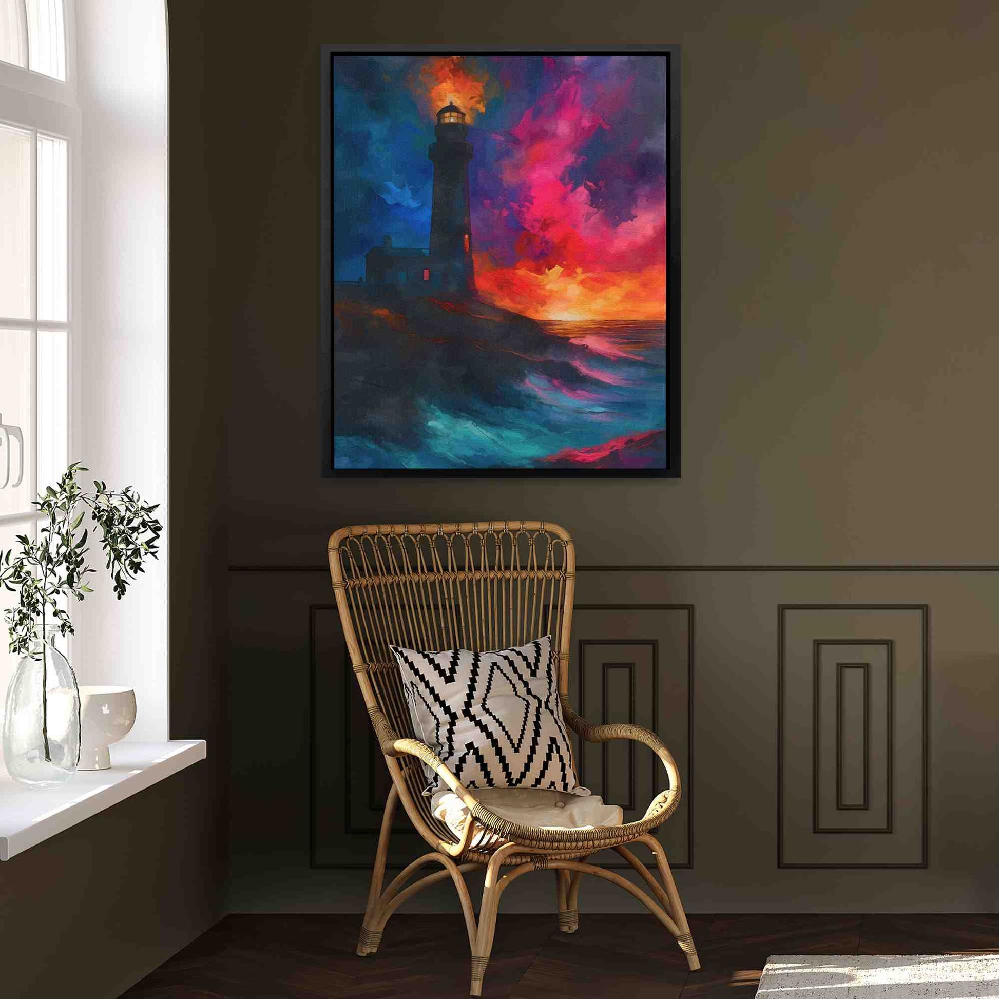 Lighthouse Sunset - Beach House Wall Art in Black Frame