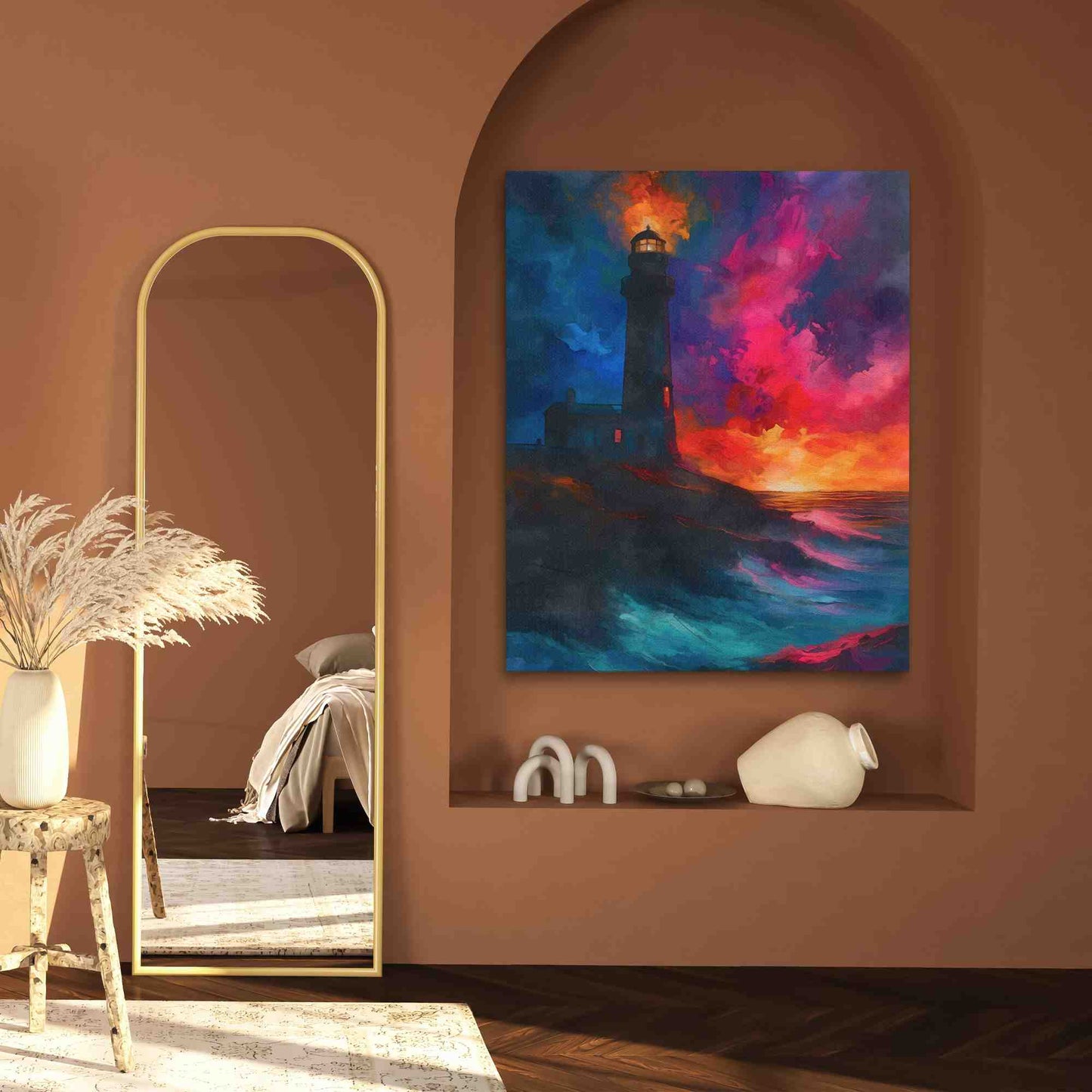 Lighthouse Sunset - Watercolor Wall Art in Black Frame