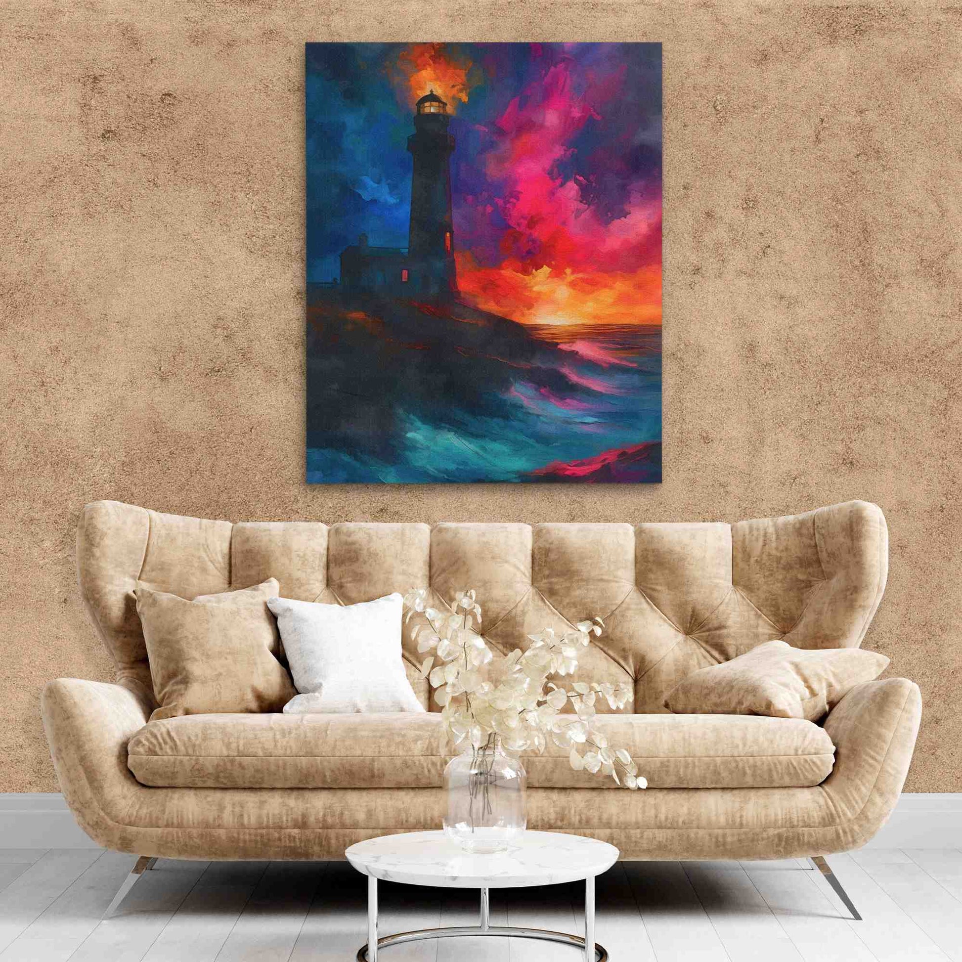 Lighthouse Sunset - Watercolor Pink Canvas Wall Art