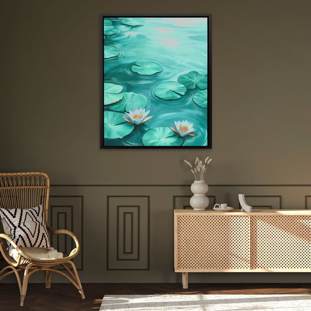 Lily Pads Serenade - Floral Wall Art in Black Frame