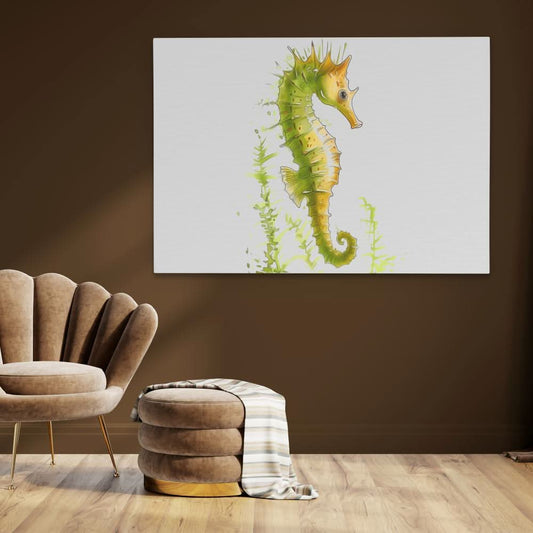 Lime Seahorse - Watercolor Wall Art in Black Frame